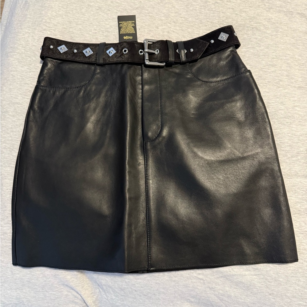 Maje Black Leather Mini Skirt with Silver Accents